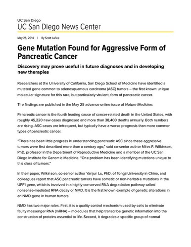 Gene Mutation Found for Aggressive Form of Pancreatic Cancer