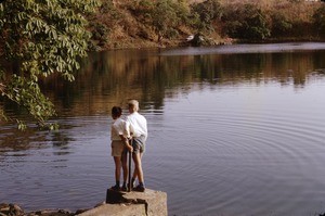 Arne and Olav Heggheim by lake, Ngaoundéré, Adamaoua, Cameroon, 1960-1968