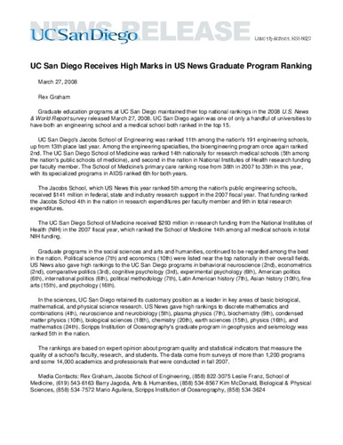 UC San Diego Receives High Marks in US News Graduate Program Ranking