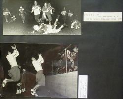 Analy High School football game vs San Rafael at San Rafael, Friday night, October 14, 1949 and Analy cheerleaders Bonnie Burkholder and Eva Atteberry
