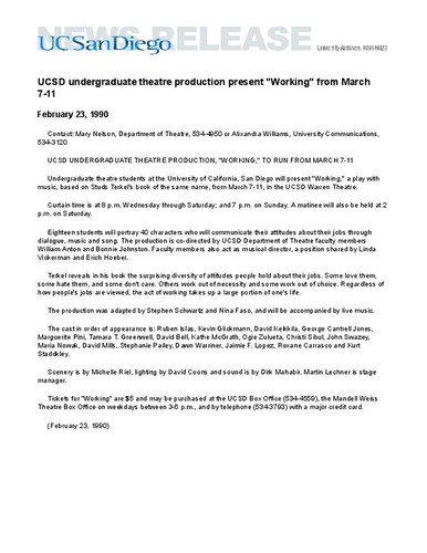 UCSD undergraduate theatre production present "Working" from March 7-11