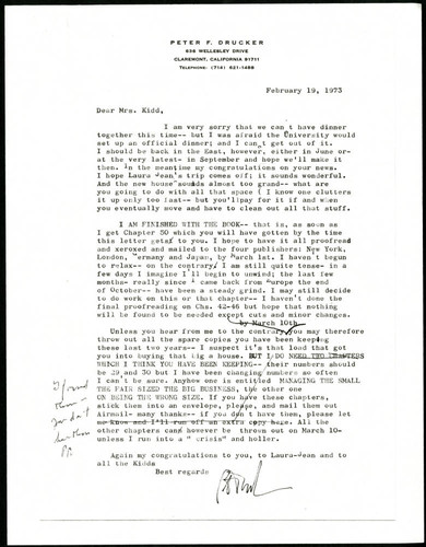 Letter to Mrs. Kidd from Peter F. Drucker regarding book chapters