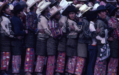 Mayan men in line to vote, Nahualá, 1982