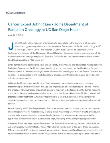 Cancer Expert John P. Einck Joins Department of Radiation Oncology at UC San Diego Health System