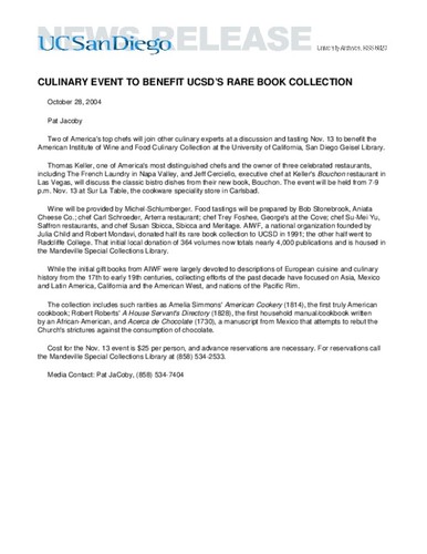 Culinary Event To Benefit UCSD’s Rare Book Collection