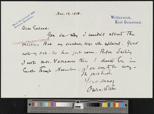 Owen Wister, letter, 1928-11-19, to Hamlin Garland