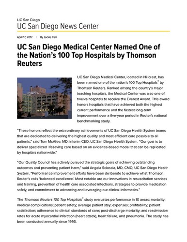 UC San Diego Medical Center Named One of the Nation's 100 Top Hospitals by Thomson Reuters