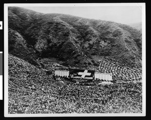 An aerial view of the Hollywood Bowl in California on Easter Morning during the sunrise service, ca.1922-1926