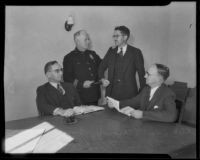 Clyde Moody, George Fuller, Leo Flynn and Frank Lawyer rehearse a play, San Fernando, 1935