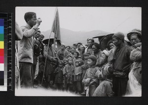 Crowd listening to preacher, China, ca. 1950