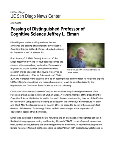 Passing of Distinguished Professor of Cognitive Science Jeffrey L. Elman