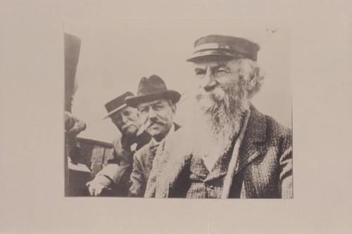 John Wesley Powell and at his right are Arthur Keith and John D. McChesney of the U. S. Geological Survey. They were cruising off the coast of Maine. Powell almost appears to be smiling which is an unknown in the collection of photos of him