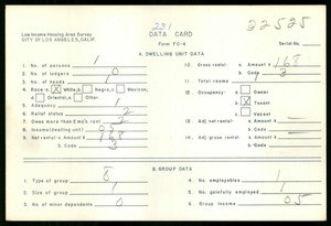 WPA Low income housing area survey data card 231, serial 32525