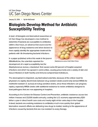 Biologists Develop Method for Antibiotic Susceptibility Testing