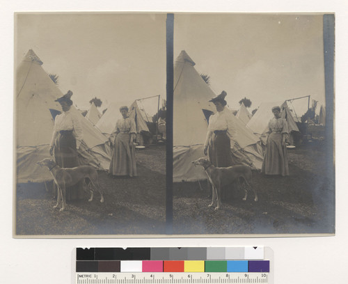 [Women and dog in refugee camp. Unidentified location. Stereo print.]