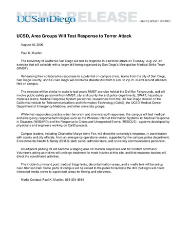 UCSD, Area Groups Will Test Response to Terror Attack