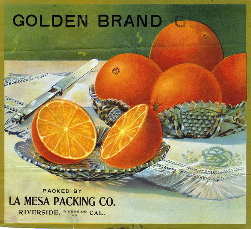 Crate label, "Golden Brand." Packed by La Mesa Packing Co., Riverside, Calif