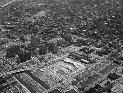 Aerial view of Downtown Los Angeles, looking southeast