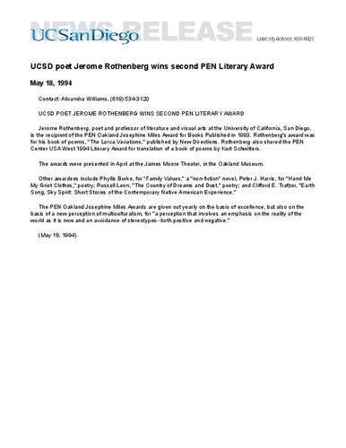 UCSD poet Jerome Rothenberg wins second PEN Literary Award