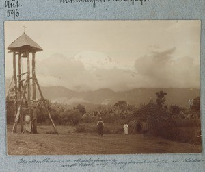 Belfry of Machame with view to the mountain landscape with Kibo, Tanzania