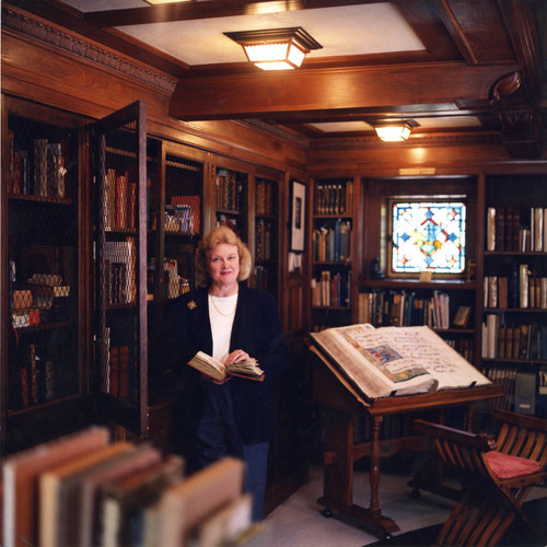 Judy Harvey Sahak in the Rare Book room, Ella Strong Denison Library