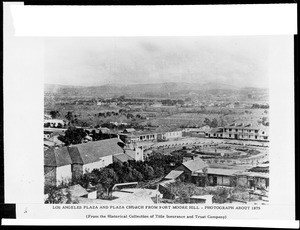 View of the Plaza looking east from Fort Moore Hill, Los Angeles, ca.1875