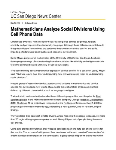 Mathematicians Analyze Social Divisions Using Cell Phone Data