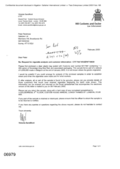 [Letter from Victoria Sandiford to Peter Redshaw regarding Request for cigarette analysis and customer information]