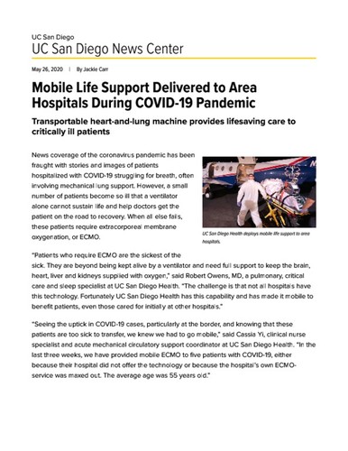 Mobile Life Support Delivered to Area Hospitals During COVID-19 Pandemic