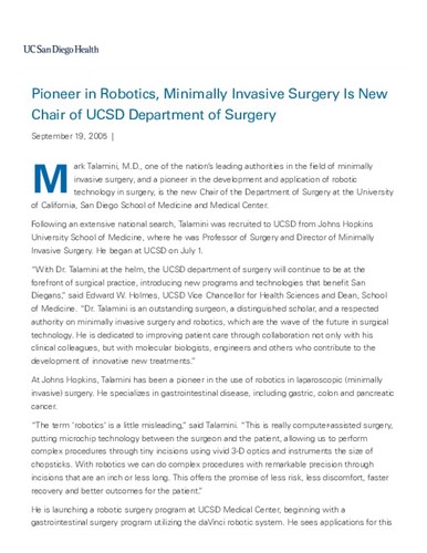 Pioneer in Robotics, Minimally Invasive Surgery Is New Chair of UCSD Department of Surgery