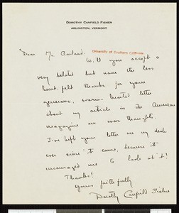 Dorothy Canfield Fisher, letter, to Hamlin Garland