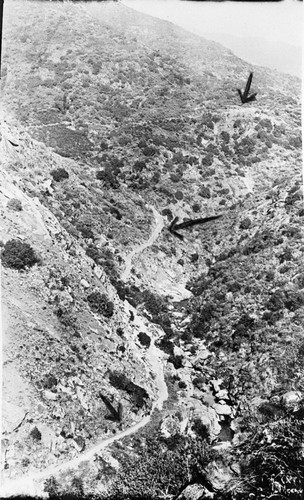 East Fork Kaweah River, Tulare Co. Roads, River Hill section of Old Mineral King road on east side of river. Glen Rock Point at upper right; River Hill lower left; Capehorn, middle. arrows. East Fork