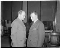 State board of equalization member William G. Bonelli with one of his attorneys, Donald MacKay, at the liquor license bribe trial, Oct. 1939 - May 1940