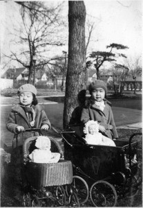 Selma Hahn and another girl, both with doll carriages