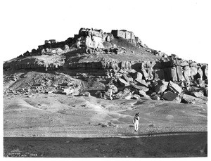 Distant view of the Hopi Indian village of Mishongnovi on top of a mesa, ca.1900-1901