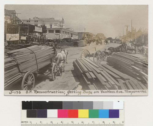 S.F. reconstruction. Getting busy on Van Ness Ave. Temporaries. [Postcard. No. J-176