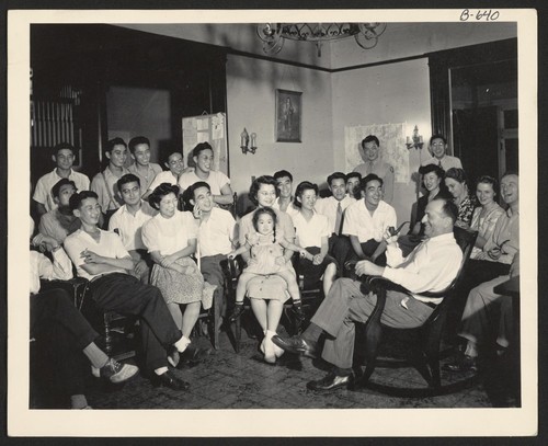 One of the leading newspaper columnists in Cincinnati, Ohio, Alfred Segal, leads a discussion group of relocated Japanese-Americans at the