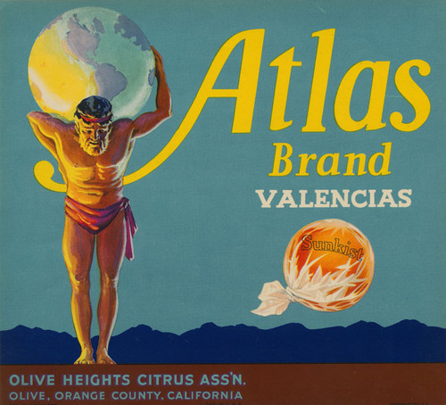 Crate label, Atlas Brand Valencias, Olive, California