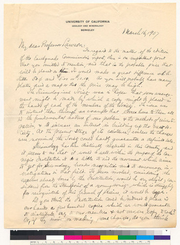 Letter to A.C. Lawson from George D. Louderback: March 16, 1907