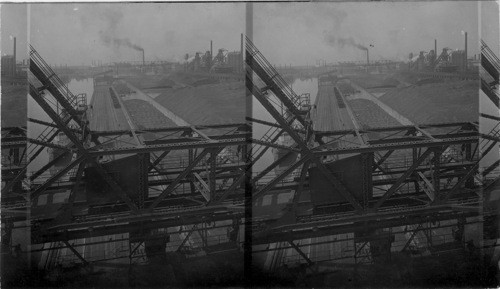 N.E. from Crane along water slip or "Dock facing" where boats bringing Coal, Iron Ore, etc. to dock to unload, In foreground we see another Crane, Ford Motor Plant, Detroit, Mich