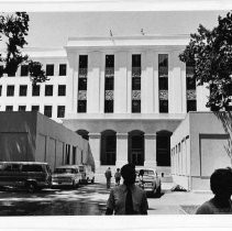 Exterior view of the temporary chambers for both the state senate, left side and assembly, right side during the restoration of the California State Capitol building