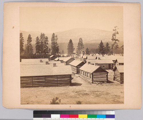 [Log huts, winter quarters of the British North American Boundary Commission on the banks of the Columbia, two miles above the Hudson Bay Company's post at Colville: left portion of panorama.]