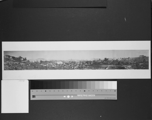Taken from Telegraph Hill. [Panoramic view of wholesale district. Ferry Building, center; Fairmont Hotel, far right.]
