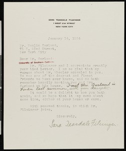 Sara Teasdale Filsinger, letter, 1924-01-14, to Hamlin Garland
