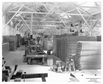 Factories - Stockton: Harris Manufacturing Co., War Contract Division, Assembly Building, lumber stacked