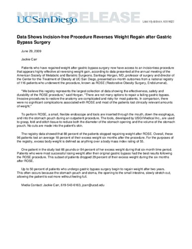 Data Shows Incision-free Procedure Reverses Weight Regain after Gastric Bypass Surgery
