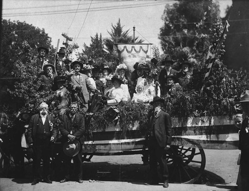 Decorated parade wagon in San Bernardino. [graphic]