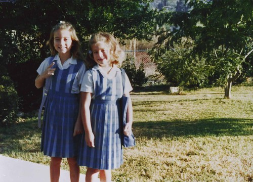 Jessica and Cindy on way to school. [graphic]