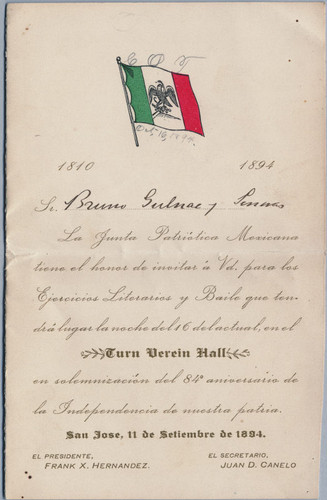[Invitation to 84th anniversary celebration of Mexican independence, 1894]