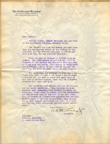 Letter from Walter Lindley to California Hospital physicians